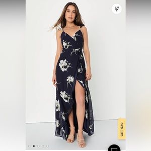 All Mine Lulus Navy Blue Floral Print Wrap dress
